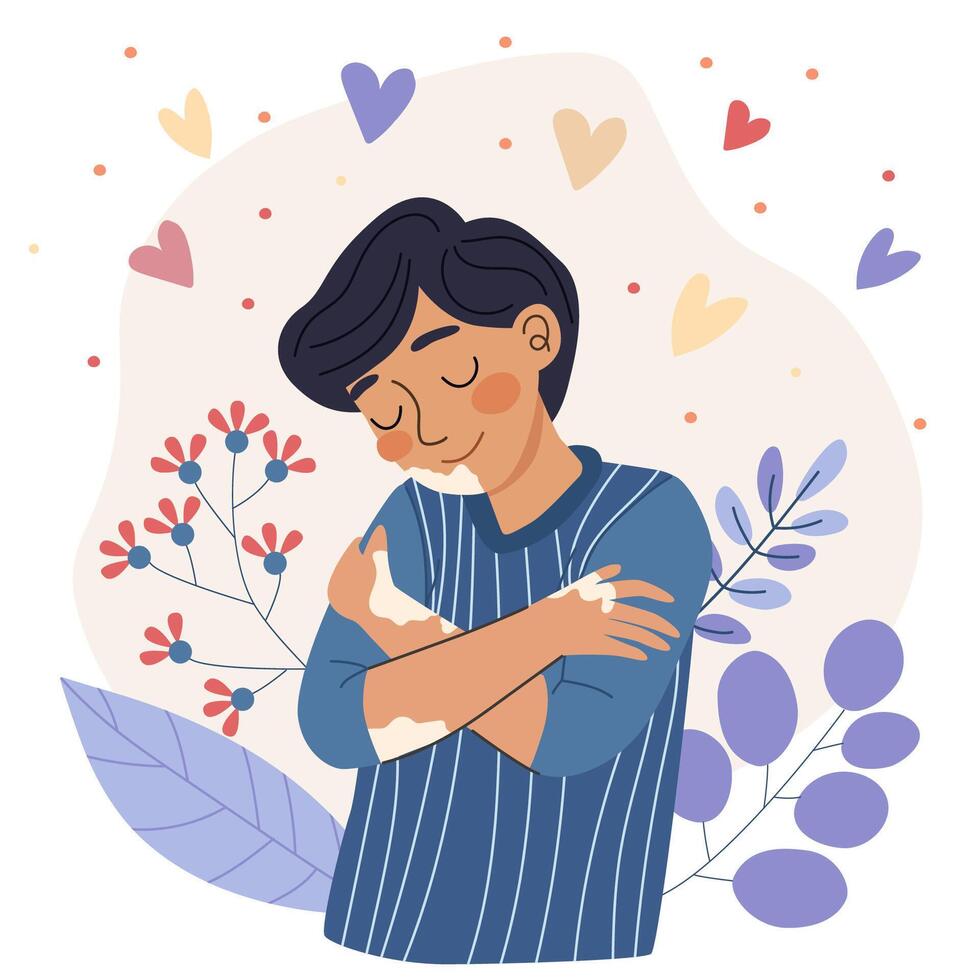 Person embracing self with flowers around vector