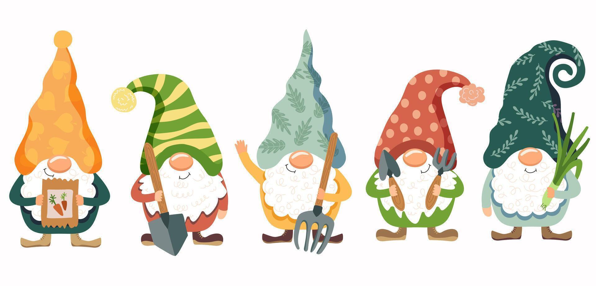 Colorful garden gnomes with hats and tools vector