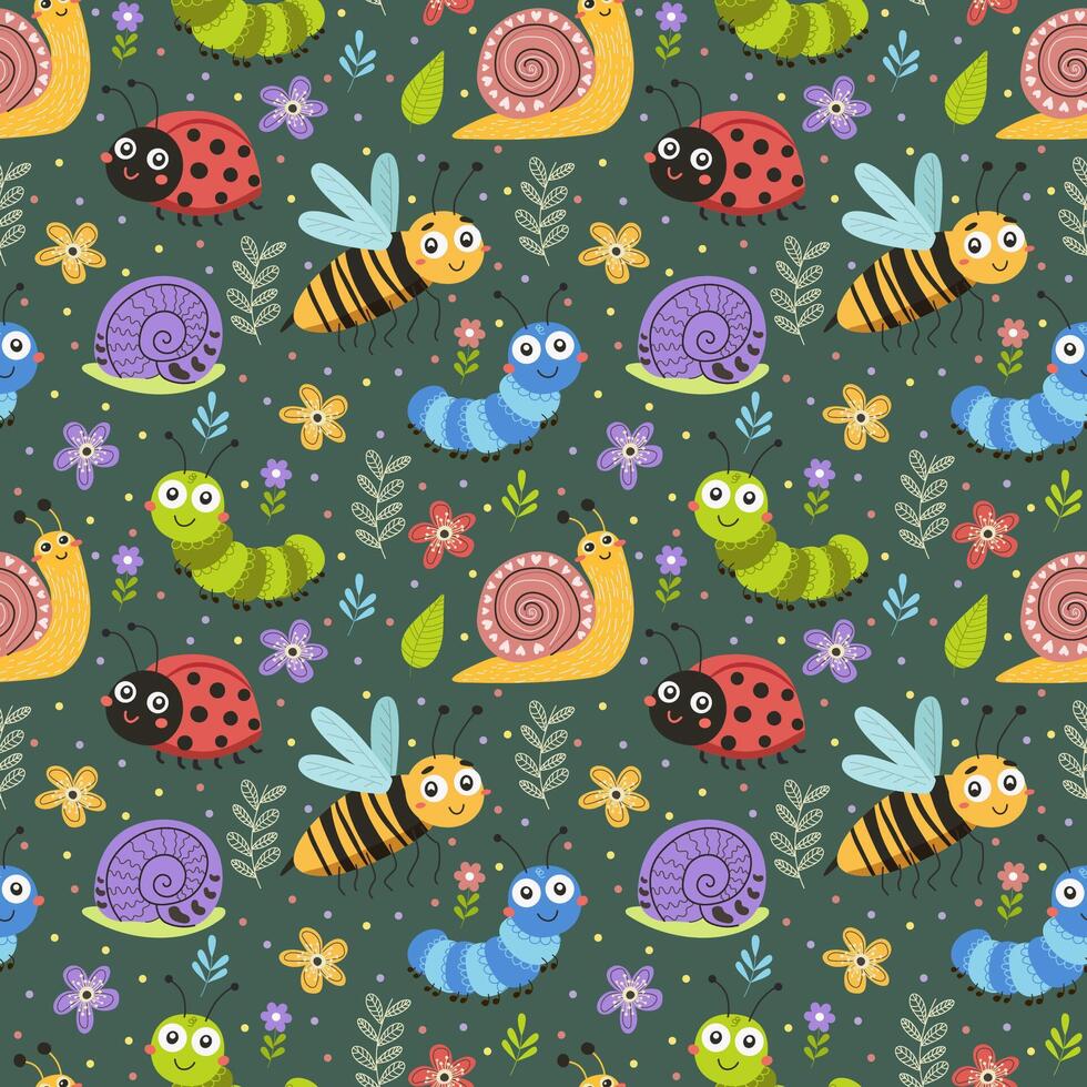 Colorful insects and snails pattern vector