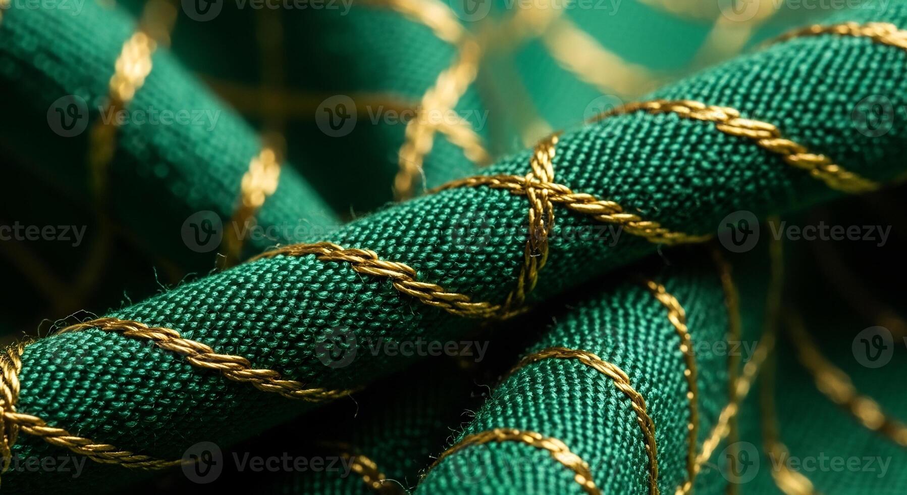 Detailed close-up of vibrant green textile with ornate golden woven patterns. photo