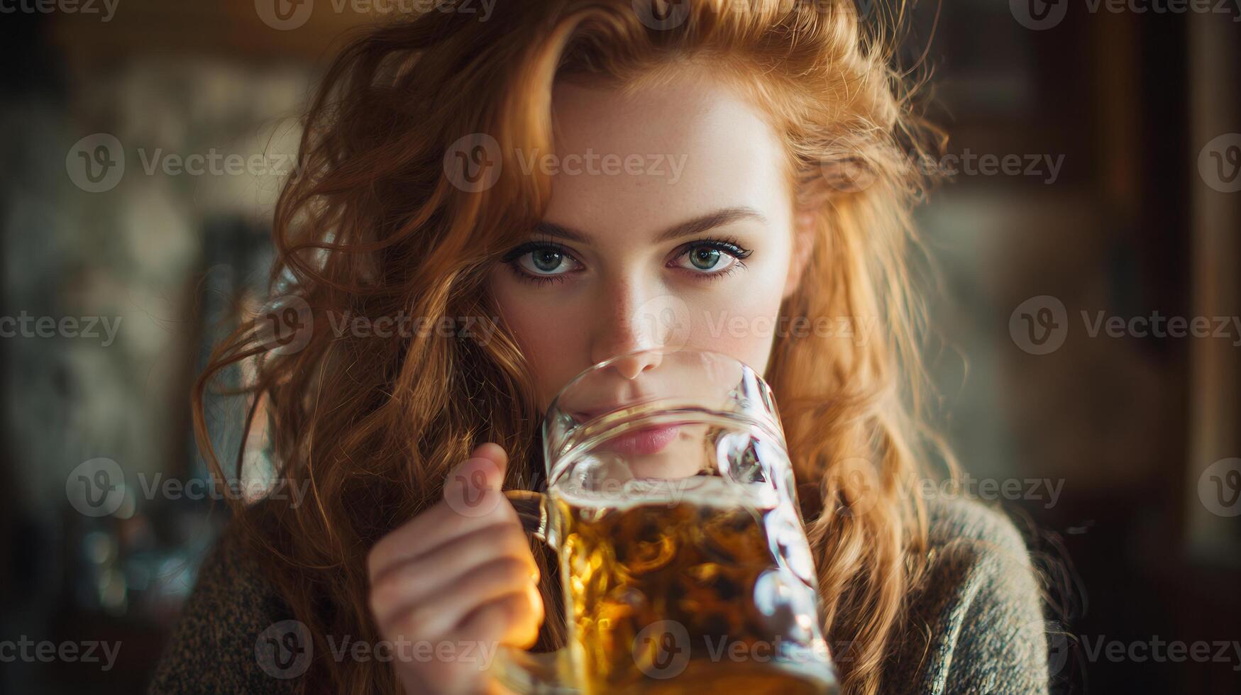 Close-up of a beautiful red-haired woman drinking a mug of beer, looking at camera. photo
