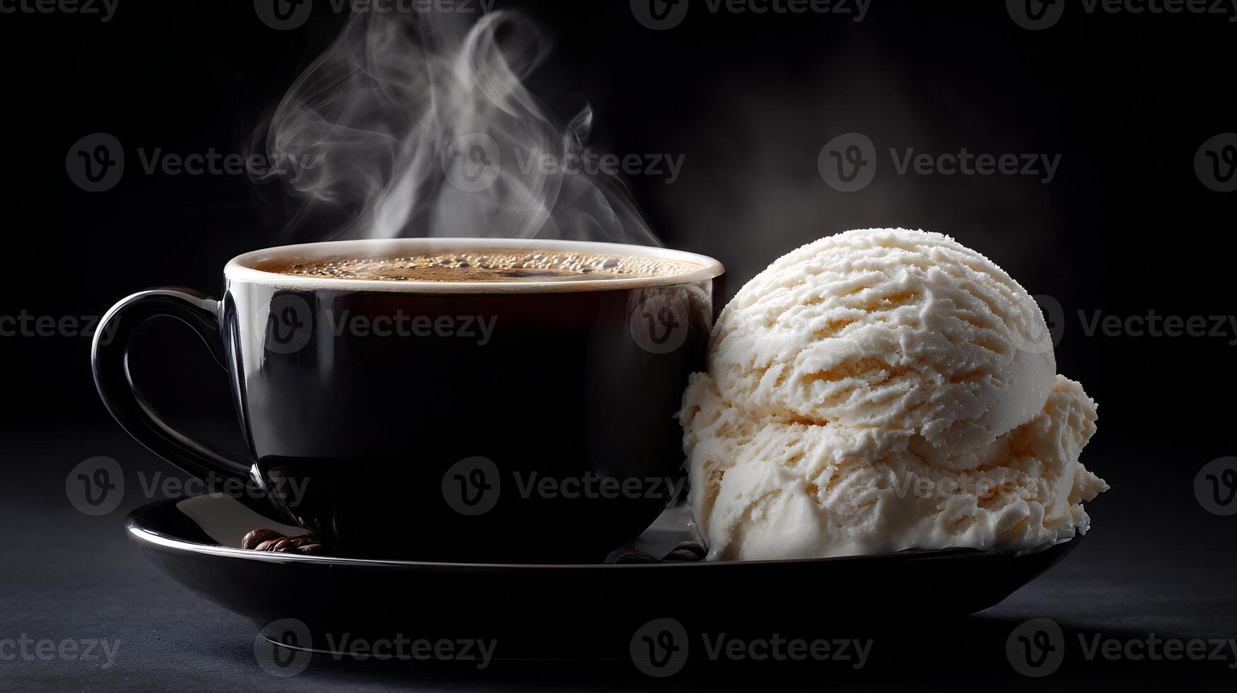 A dark cup of hot, steaming coffee sits next to a scoop of vanilla ice cream. photo