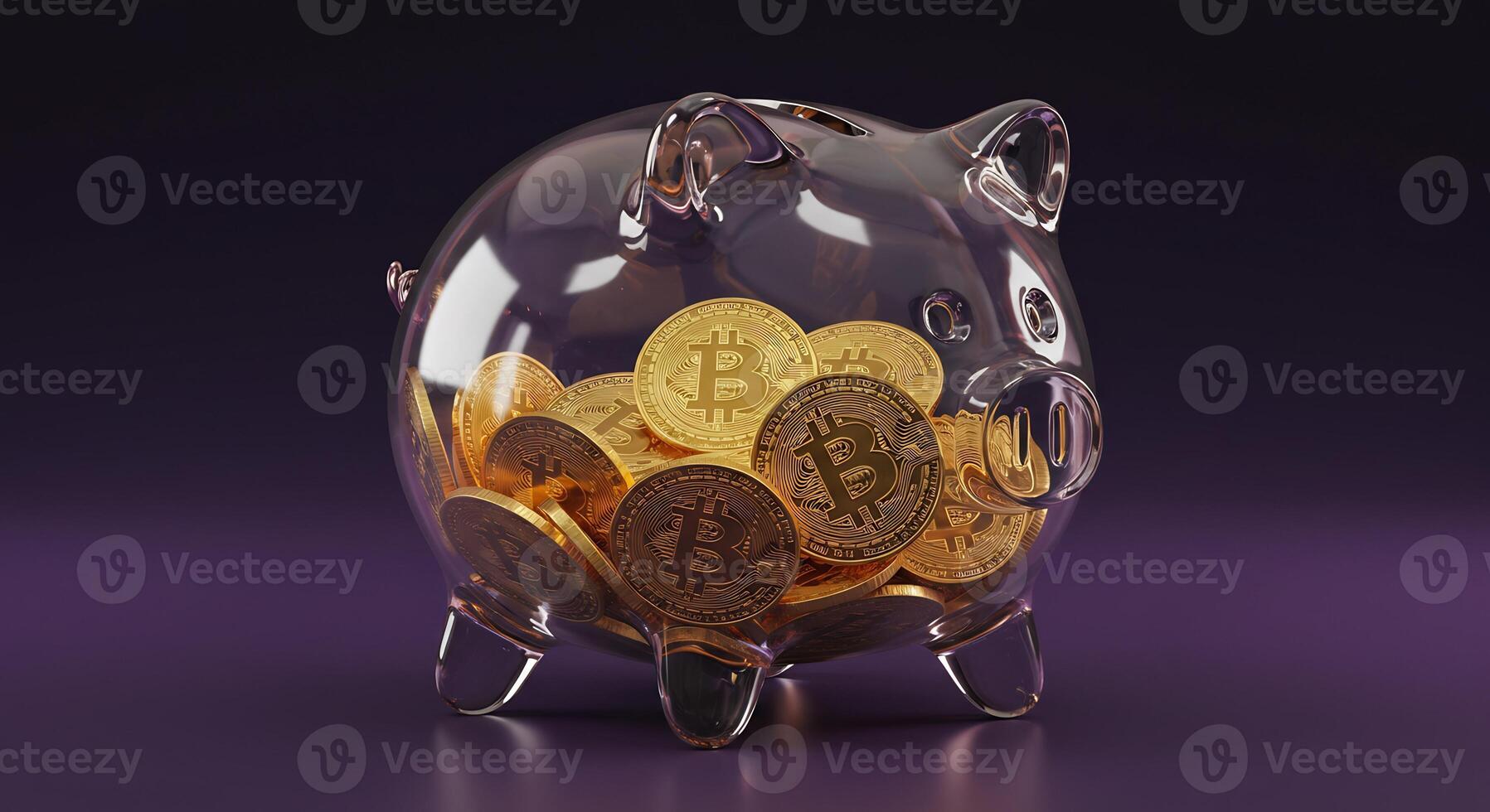A transparent piggy bank overflowing with golden bitcoin coins, symbolizing cryptocurrency savings and investment. photo
