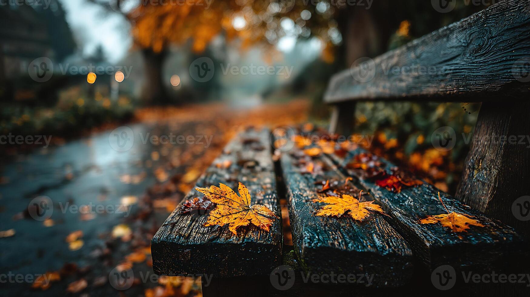 Fallen autumn leaves decorate a wet, rustic park bench in a serene park setting. photo