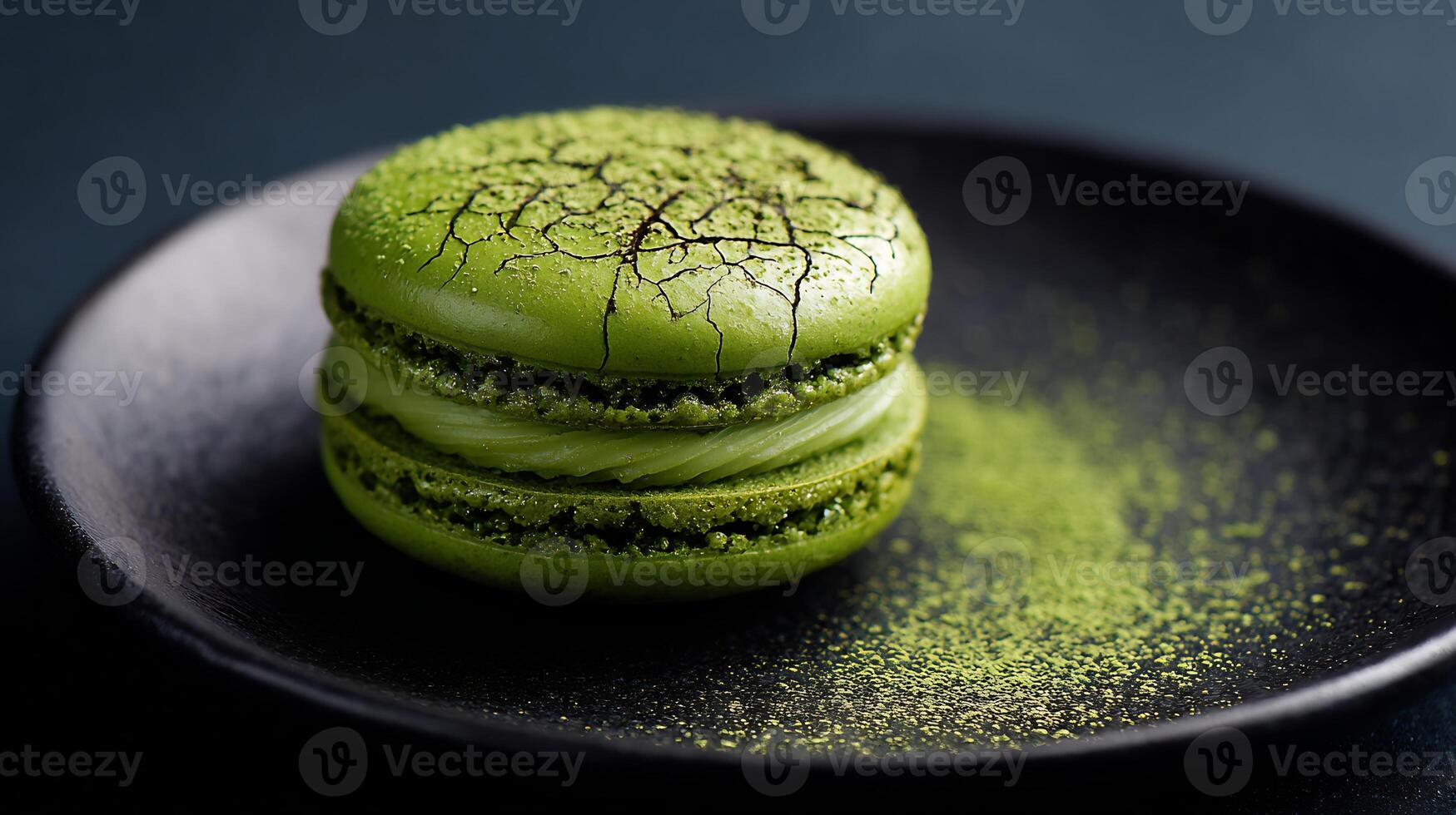 Vibrant green matcha macaron on a black plate, dusted with green powder. photo