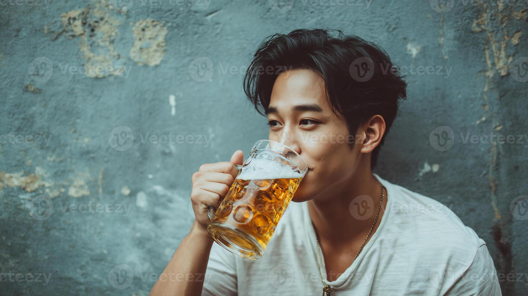 A young man sips golden beer from a large glass mug, relaxing outdoors. photo