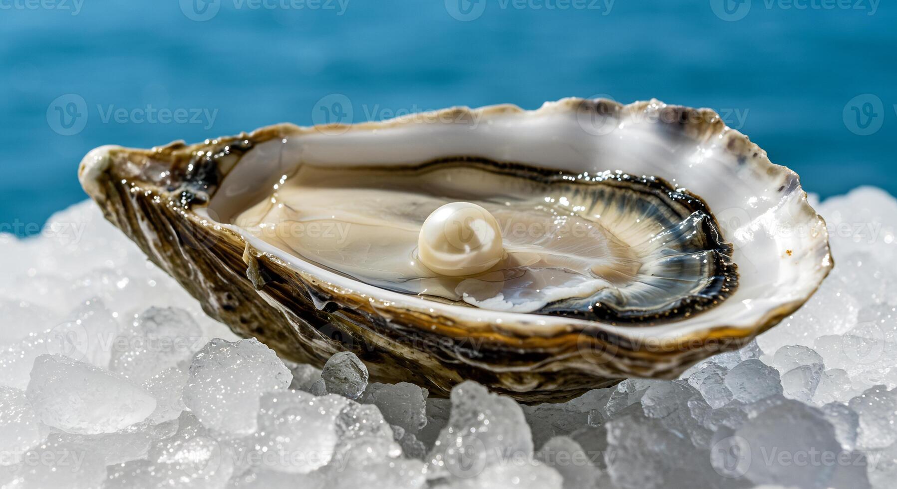 Single white pearl nestled inside an open oyster shell, resting on a bed of ice. photo