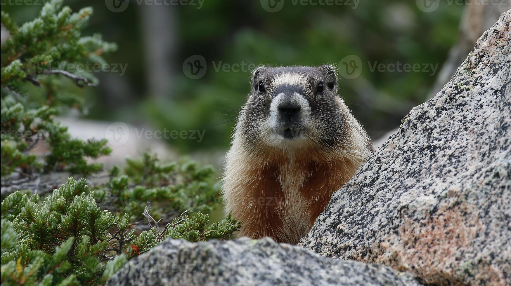 Curious wild marmot peeking from behind a gray rock in nature, observing. photo