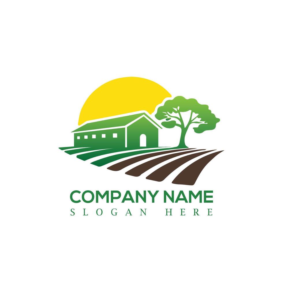Farm Logo with House, Tree and Sun vector