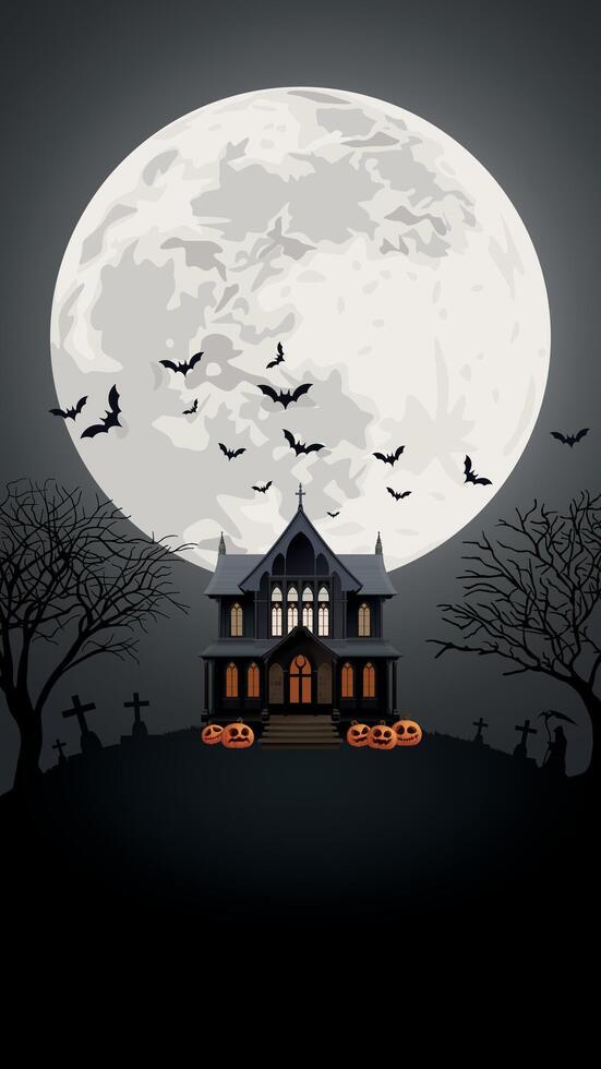 Silhouette haunted mansion on the hill with graveyard, dead tree, pumpkins, bats, full moon and angle of death have night sky vertical background graphic illustration. vector