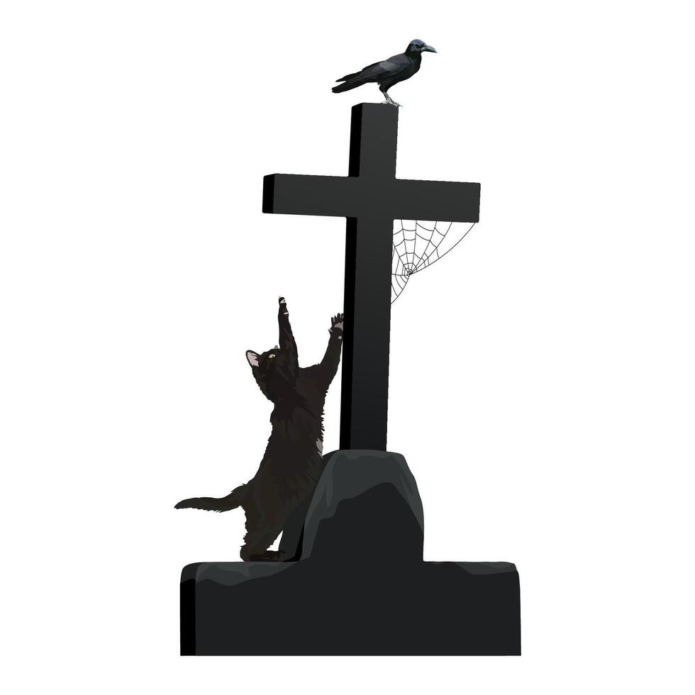 Silhouette black cat tries to climb up and catch a crow that is perched on the top of the old cross of a grave which has spider webs clinging isolated on white background graphic illustration. vector