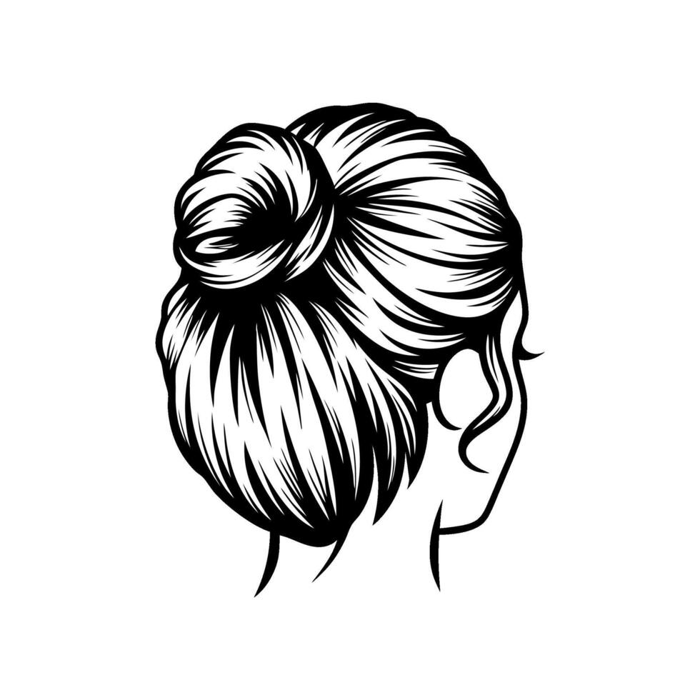 Black and white hair illustration showcasing a stylish and timeless bun vector