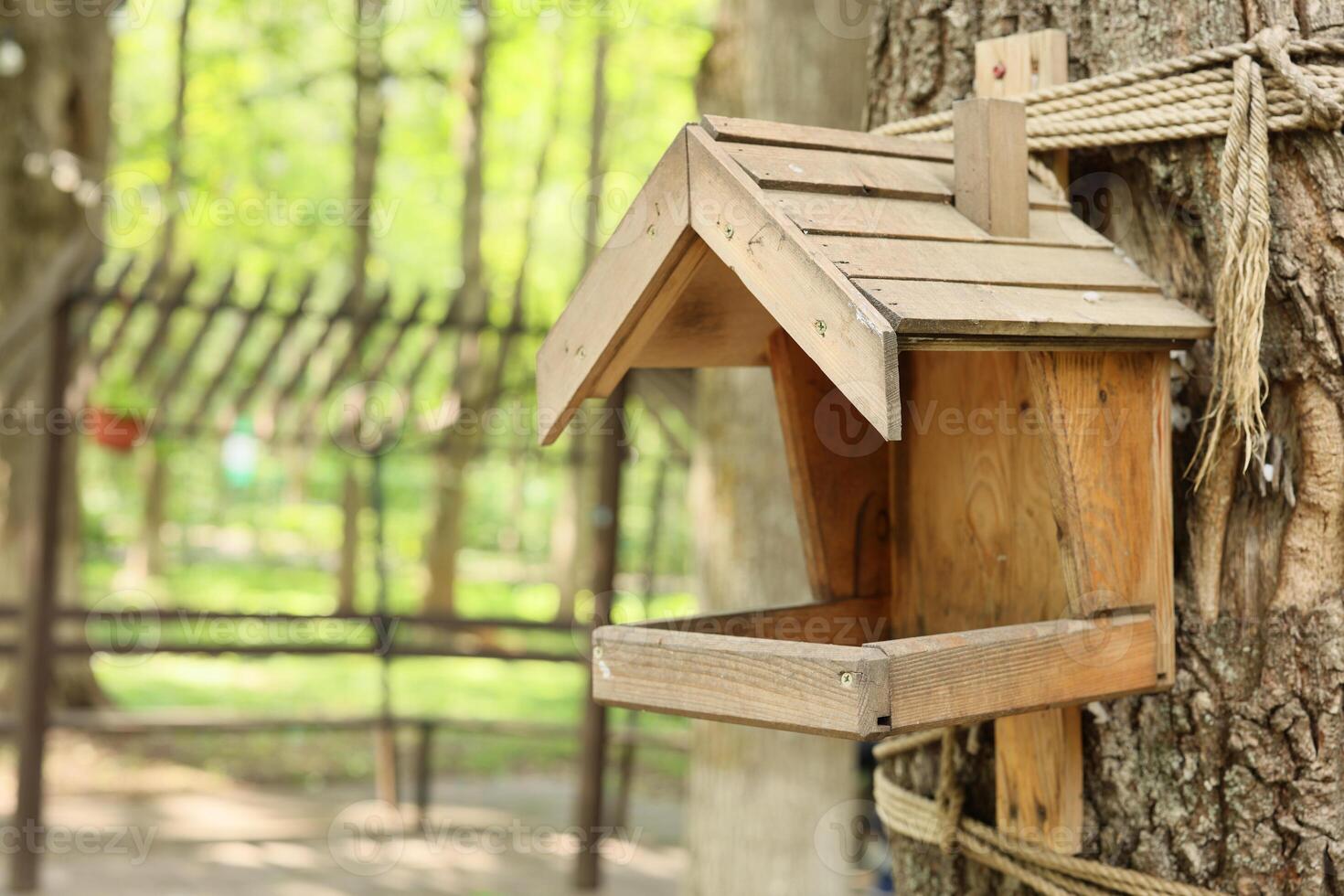 A Charming Wooden Birdhouse Gracefully Nestled on a Majestic Tree in a Beautiful Setting photo
