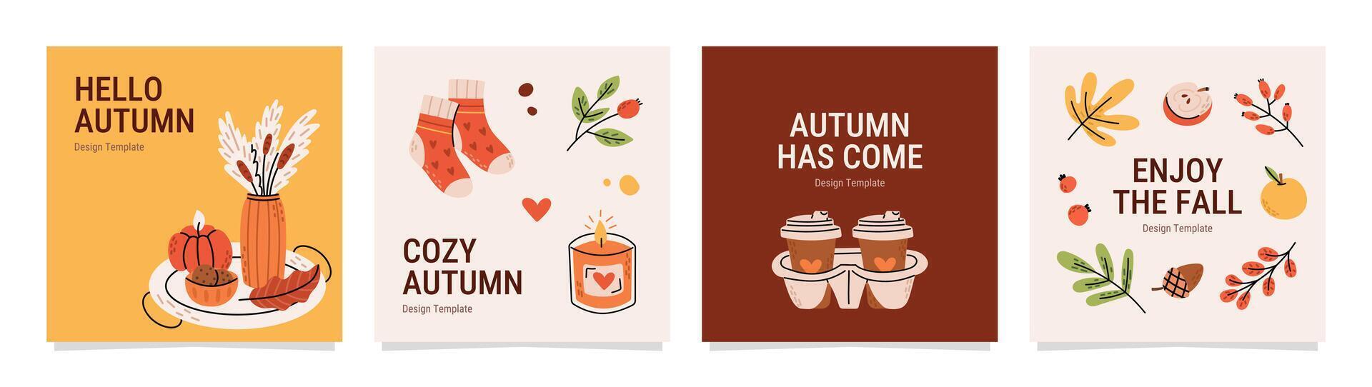 Cute autumn card set. Leaves, candle, knitted socks, coffee to go, apples. Hygge inspiration, lovely phrases, seasonal vibe. flat illustration. vector