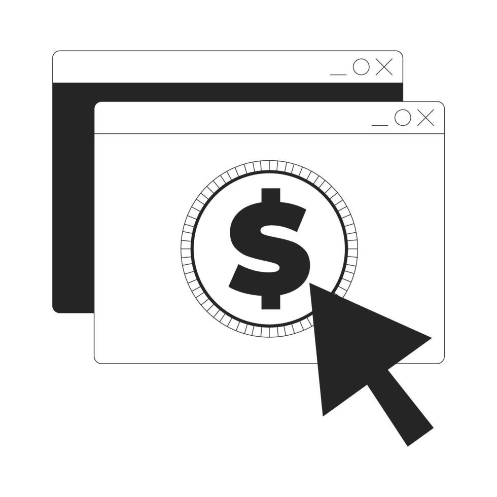 Online payment click with dollar line onboarding ui illustration. Browser windows with financial coin. Pay checkout. Digital transaction outline 2D concept isolated. Ink linear metaphor art vector