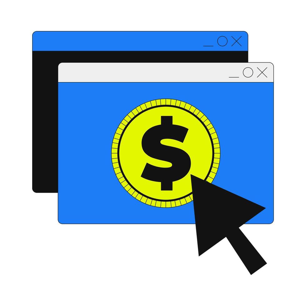 Online payment click with dollar 2D onboarding ui illustration. Browser windows with financial coin. Pay checkout. Digital transaction cartoon concept isolated on white. Flat abstract metaphor vector