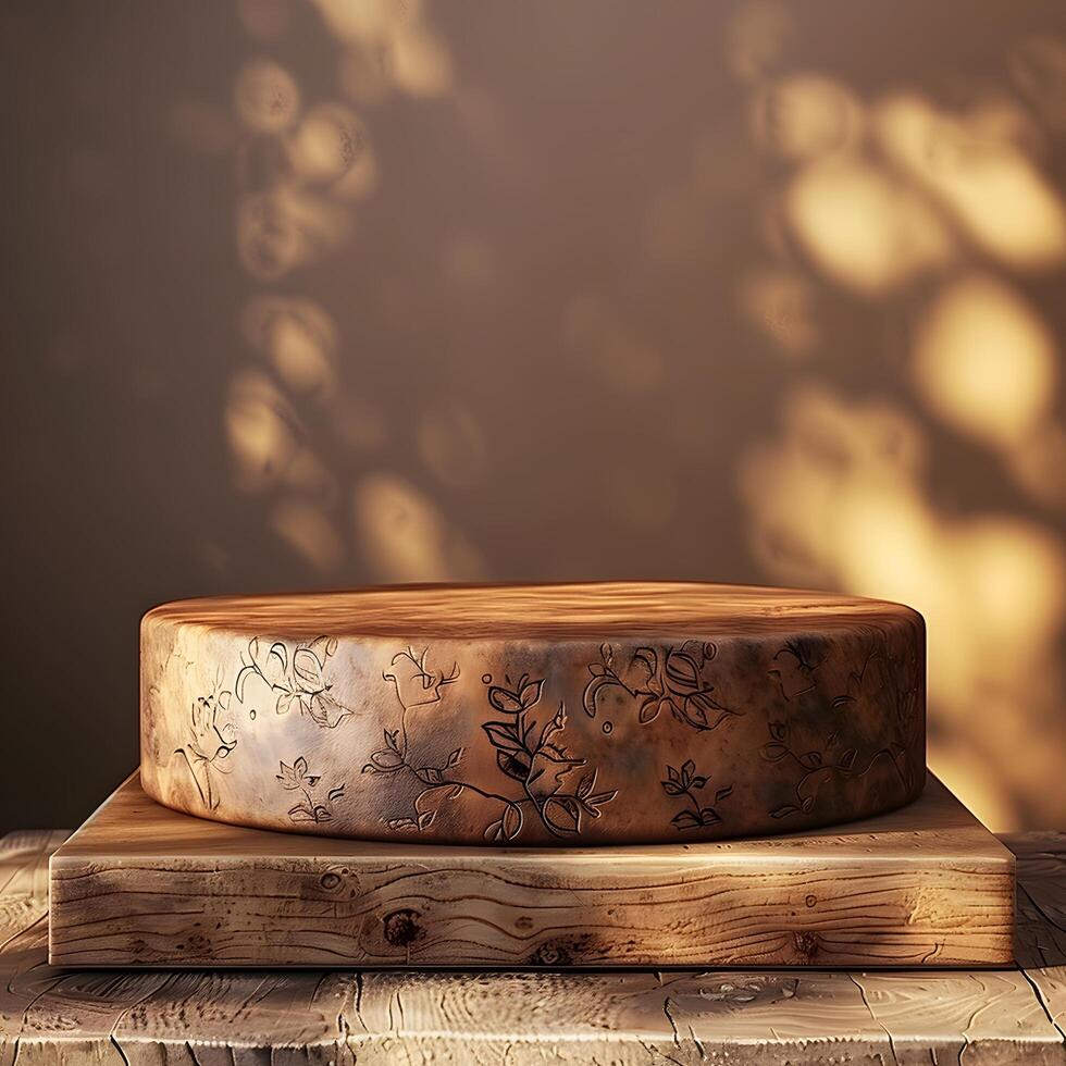 Brown minimalist luxury round 3d podium stage for premium product display mockup featuring modern design soft shadows and realistic material texture photo
