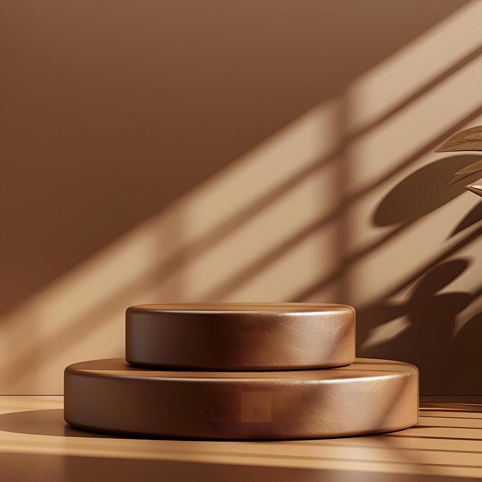 Clean elegant brown luxury 3d round podium scene designed for high end product showcasing mockup presentation and realistic minimalist branding display photo