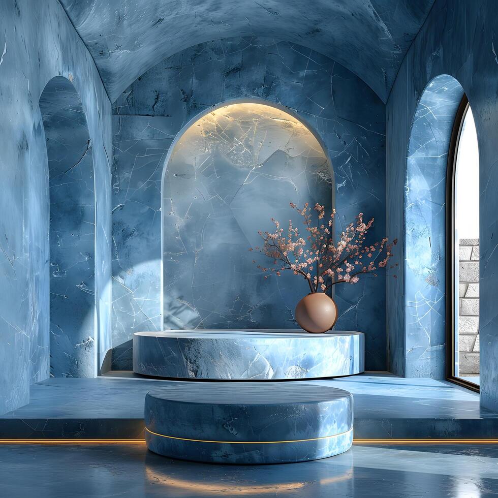 Floating 3d circular blue podium for unique product mockups and online showcases photo