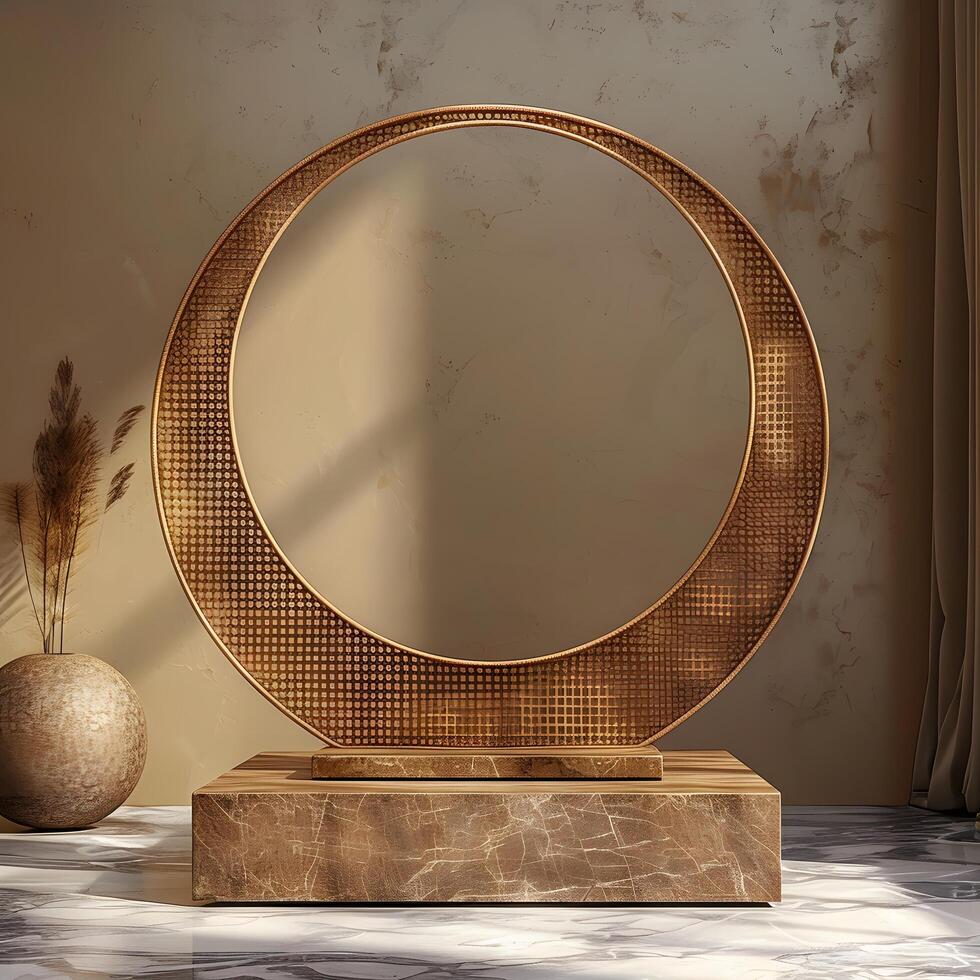 Sophisticated brown circular 3d podium mockup ideal for premium product showcasing featuring luxury minimalist design with elegant textures and soft background tones photo