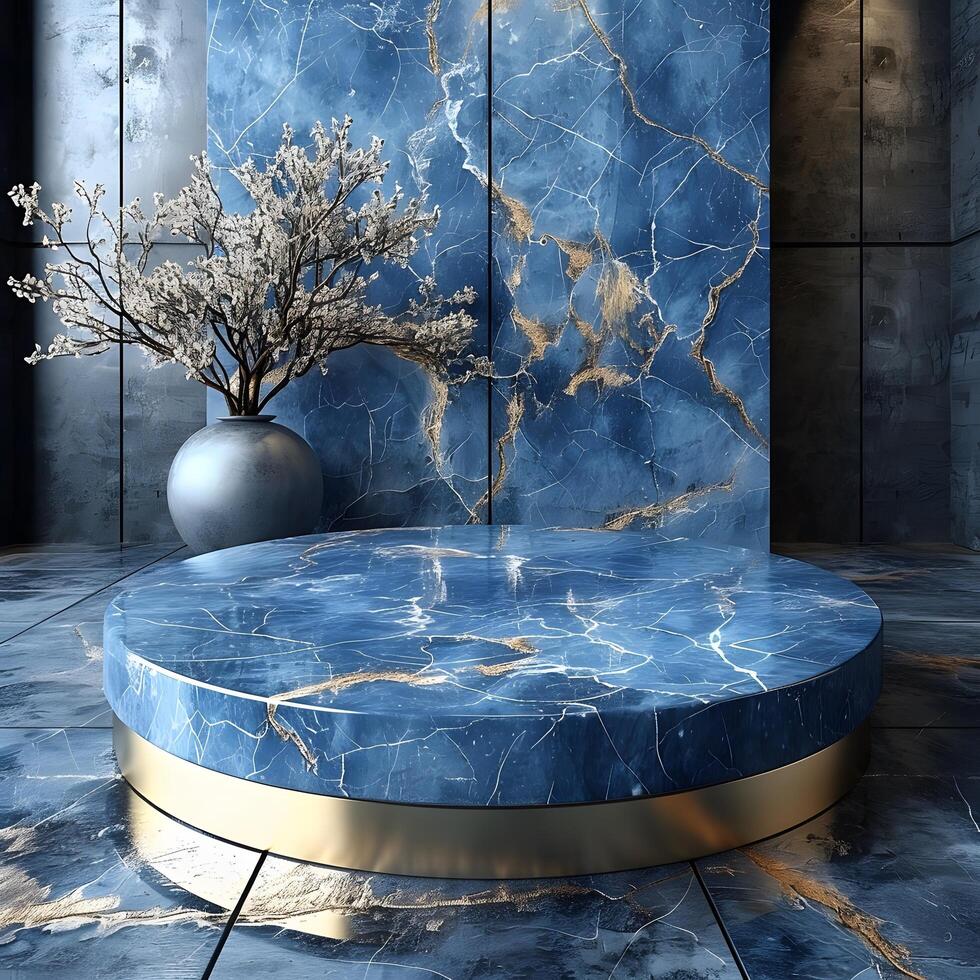 3d rendered blue podium for premium design portfolio and packaging visualization photo