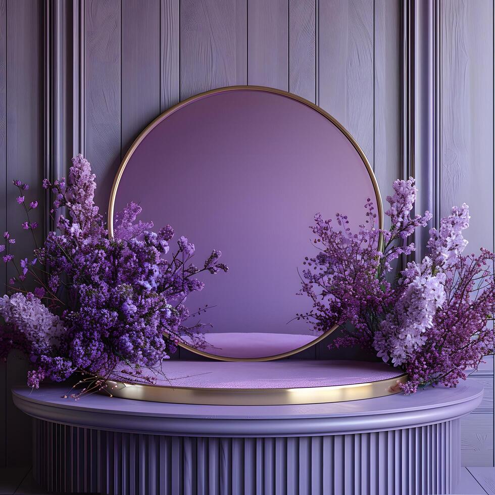 Modern professional violet luxury round 3d podium scene created for premium product showcasing mockup with smooth circular stage subtle reflections soft ambient lighting photo