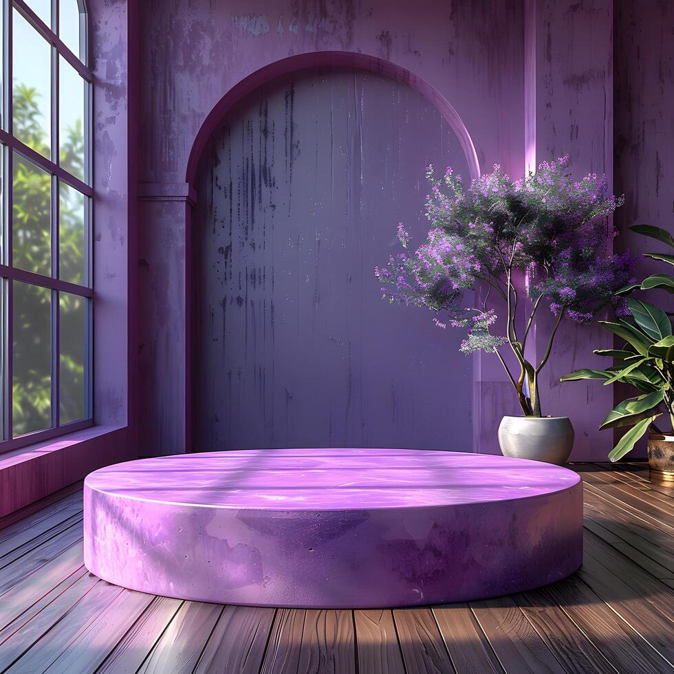 Modern luxury 3d round podium in violet tones designed for premium product presentation mockup scene using smooth elegant surfaces realistic textures professional minimalist branding photo