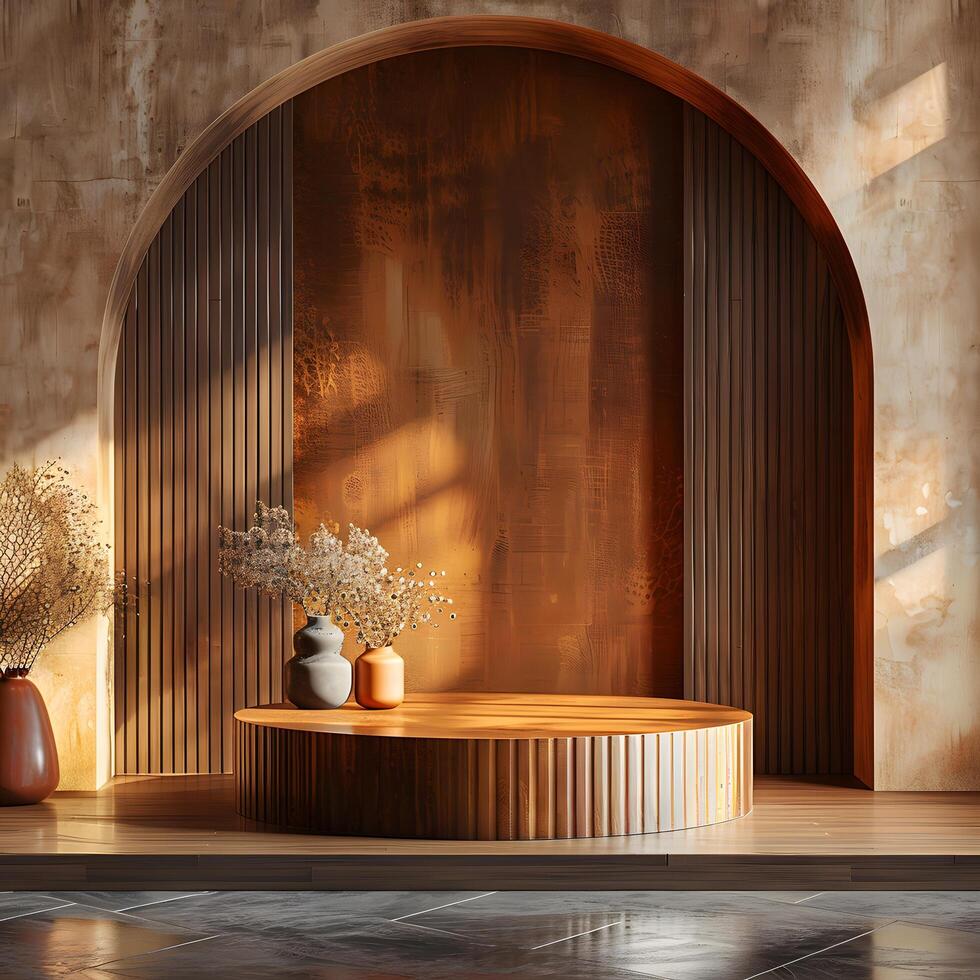 Brown circular luxury 3d podium for product presentation featuring soft lighting subtle reflections and elegant surfaces perfect for premium brand advertisement photo