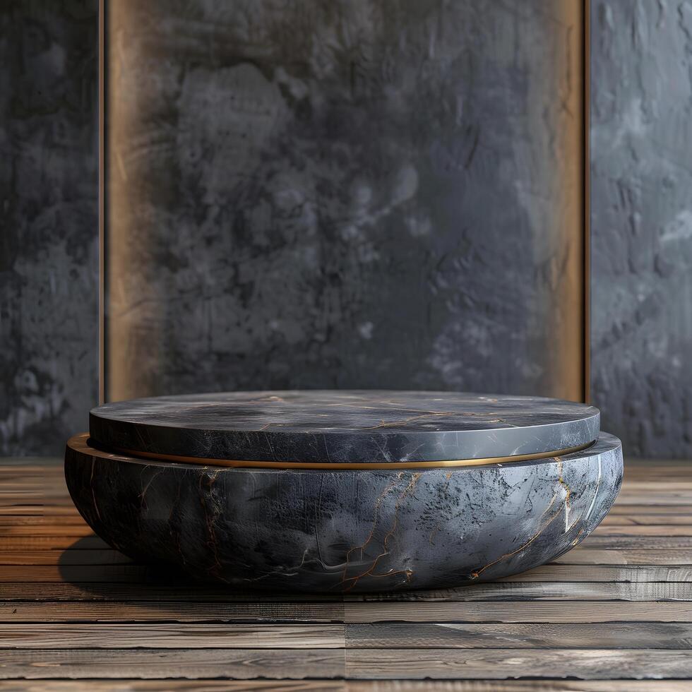 Elegant dark black 3d luxury round podium created for exclusive product mockup displays using smooth surfaces photorealistic rendering soft reflections realistic shadows minimalist design photo