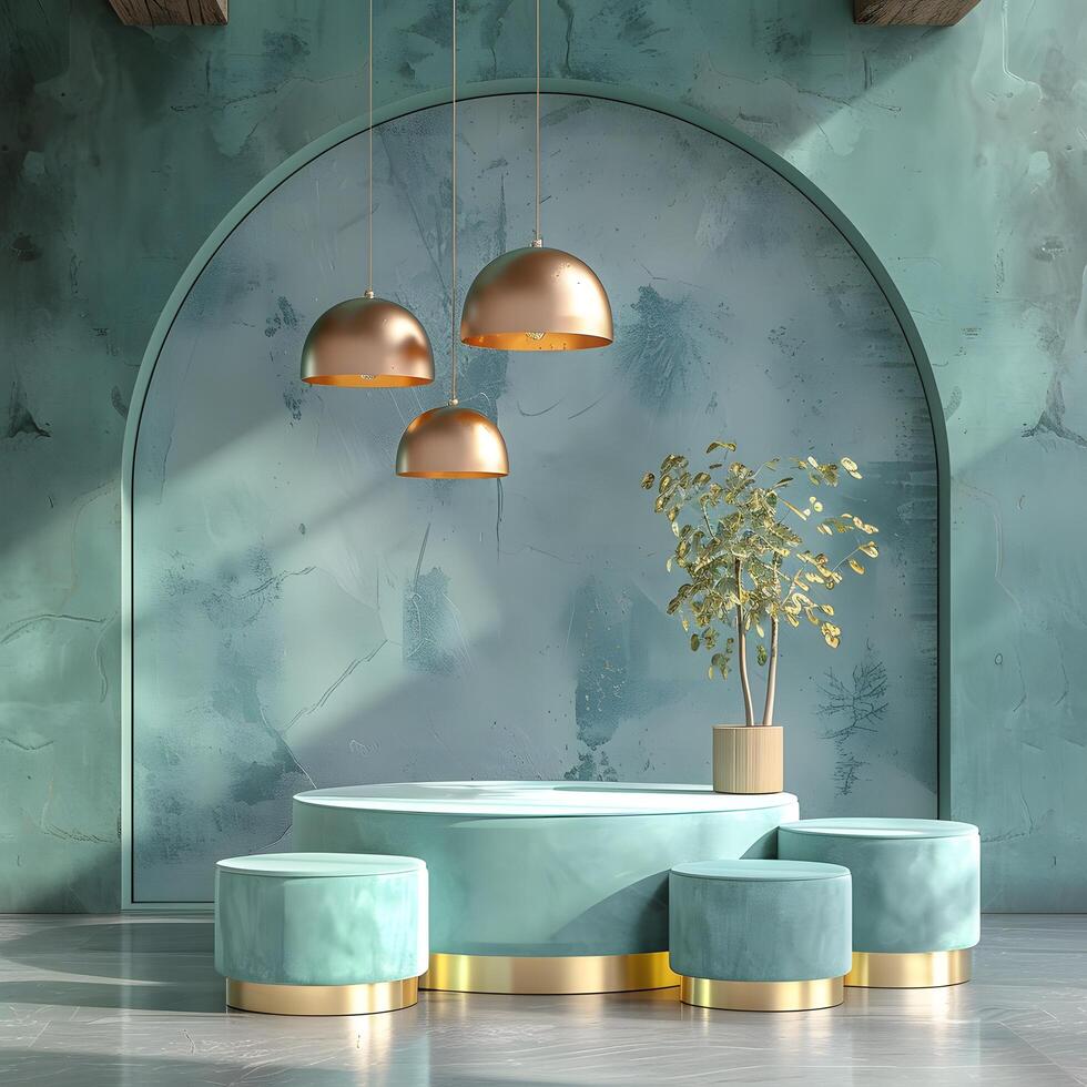 Sophisticated mint luxury 3d round podium designed for presenting high end products with soft shadows smooth textures modern stage photo