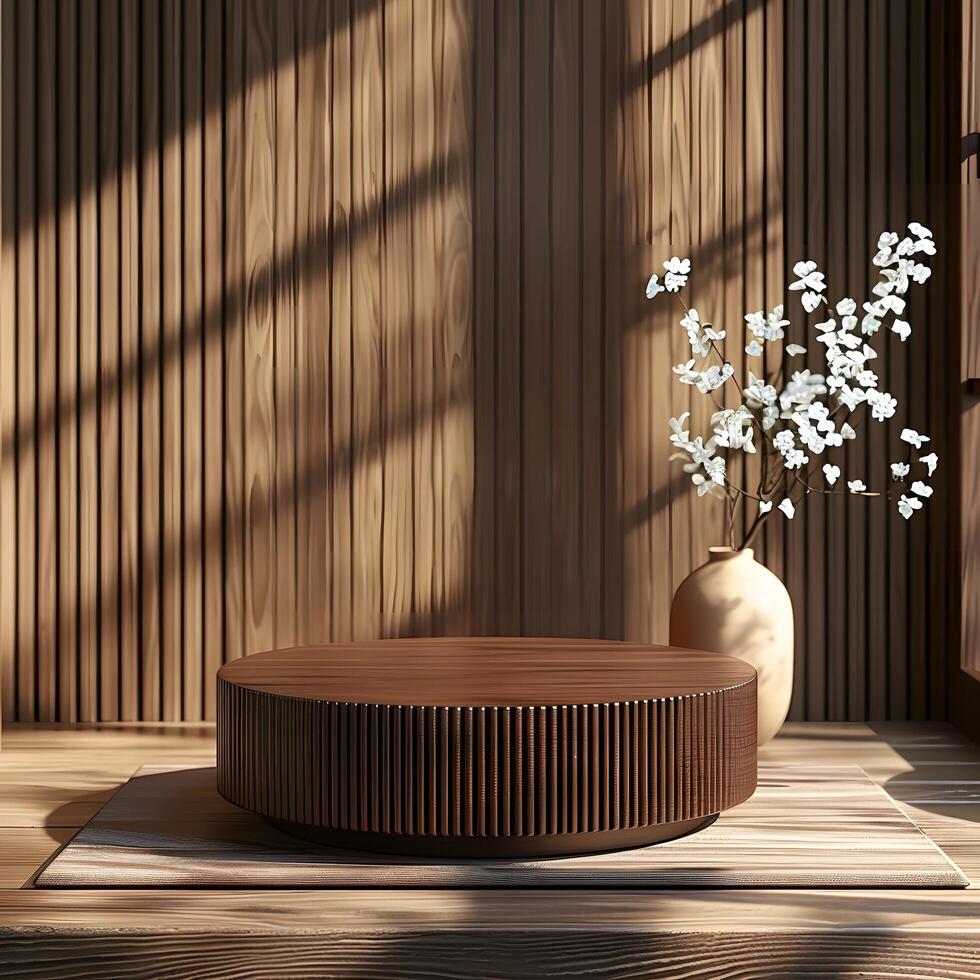 Modern luxury brown 3d round podium mockup scene perfect for showcasing skincare product jewelry or perfume with minimalist display stage design photo