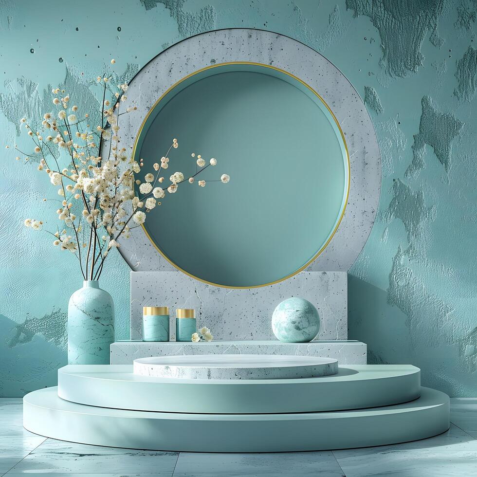 Mint tone luxury round 3d podium created for displaying high end products in branding presentations using smooth surfaces photo