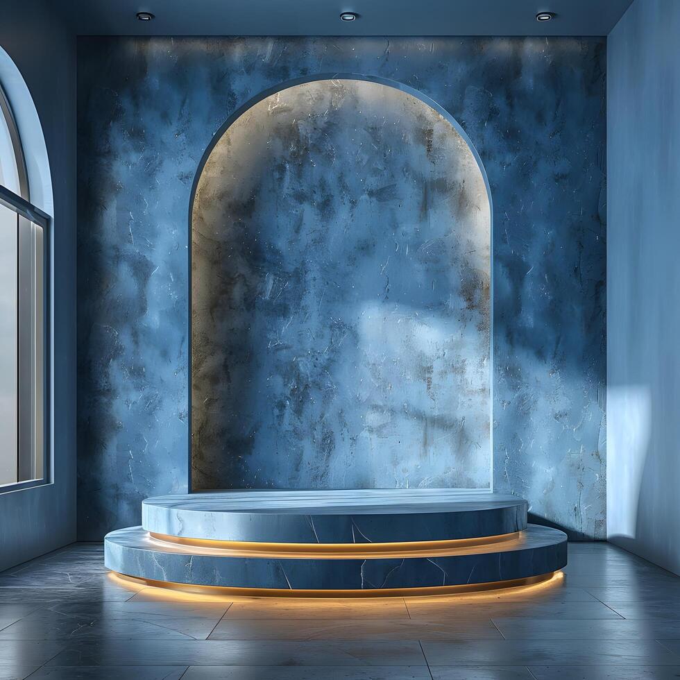 High quality 3d render of blue circle podium used in luxury product displays photo