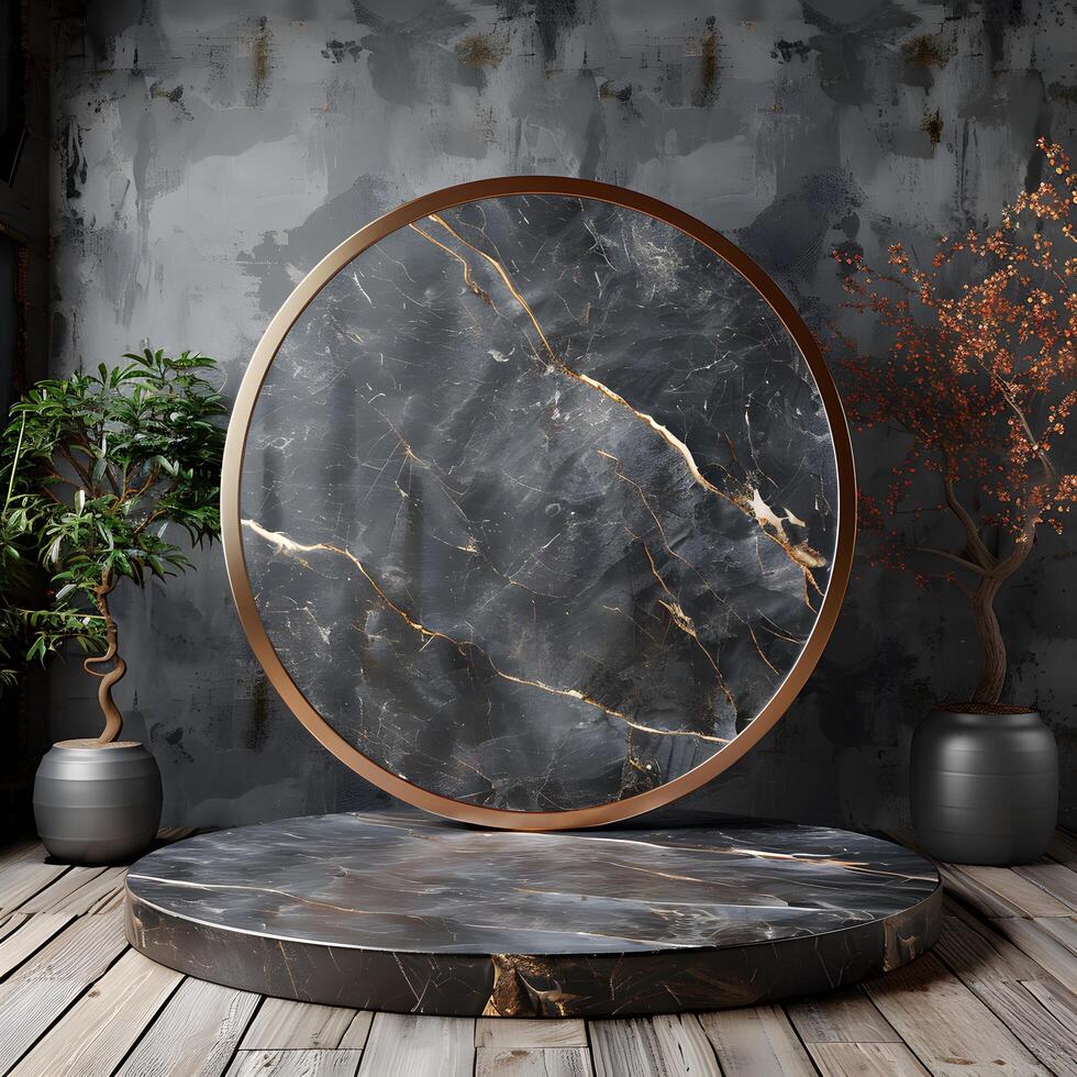 Modern dark luxury 3d round podium created for exclusive product showcasing using smooth black textures photorealistic reflections soft ambient shadows elegant surfaces photo