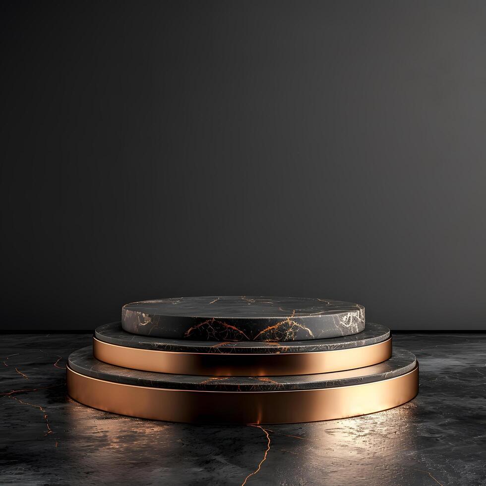 Premium dark luxury round podium designed for presenting luxury products with sleek surfaces photorealistic rendering soft ambient shadows realistic reflections photo