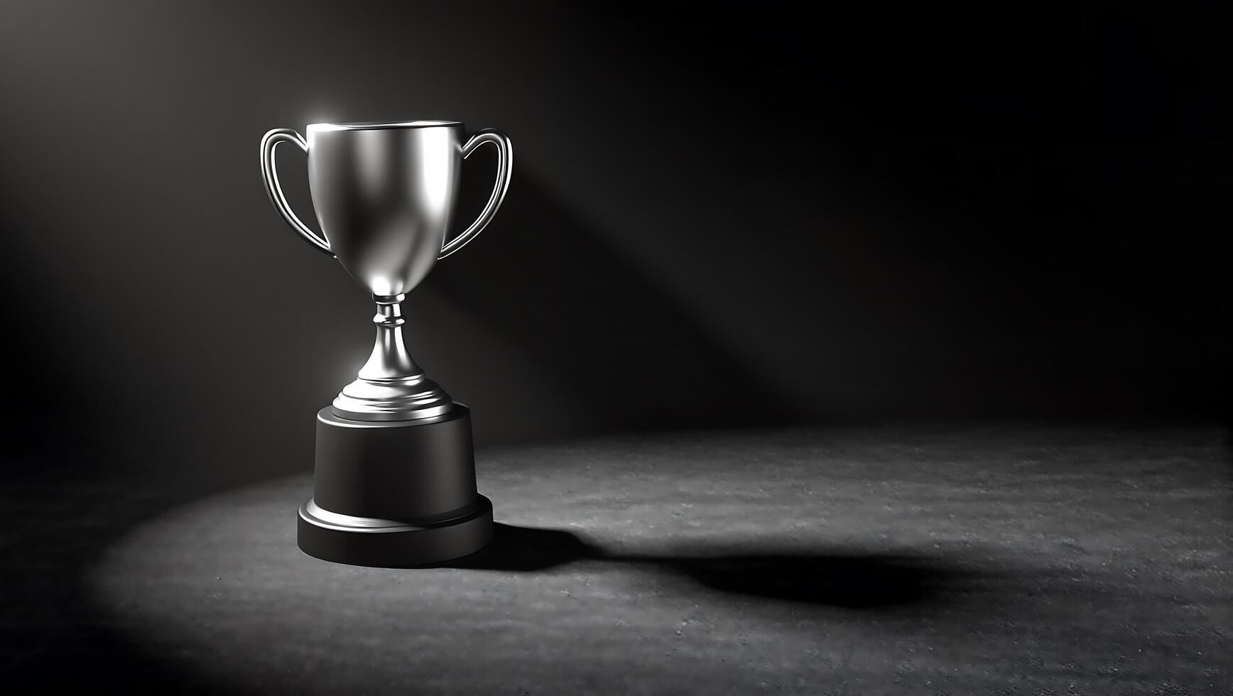 Silver Trophy in Spotlight, A gleaming silver trophy, perched on a black base, stands majestically in a dramatic spotlight against a dark background. The image evokes feelings of success, achievement photo