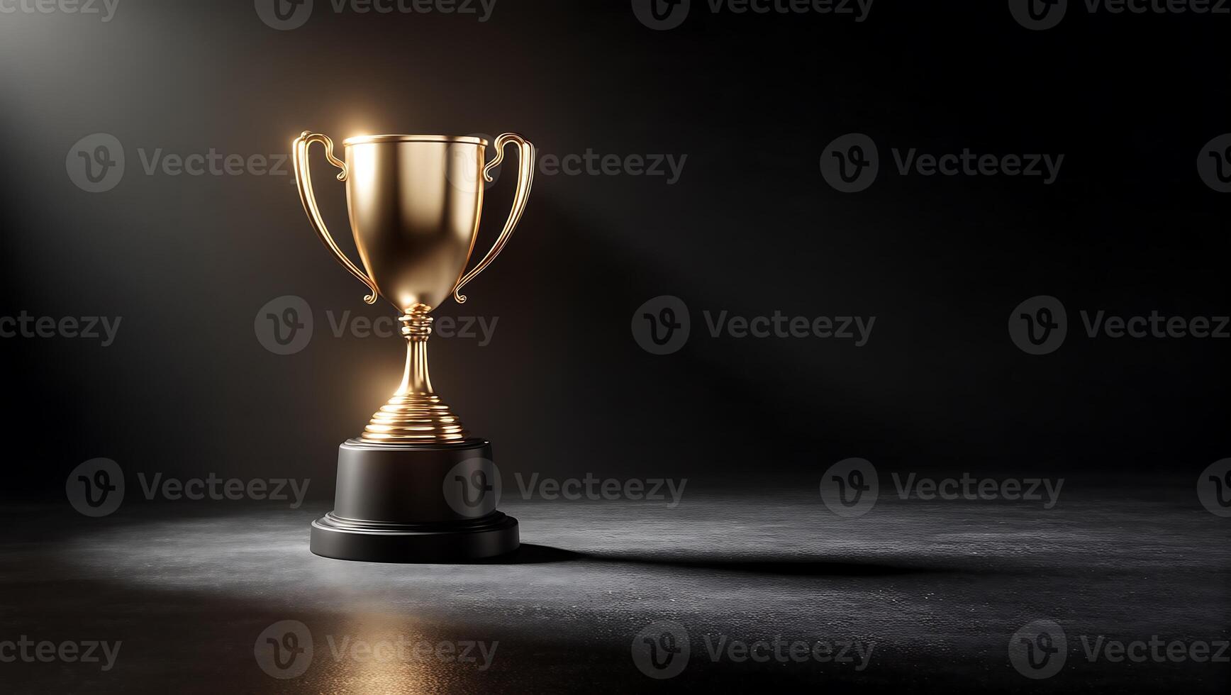 Trophy in spotlight, A meticulously captured golden trophy stands majestically, illuminated by a solitary spotlight against a somber, textured backdrop photo