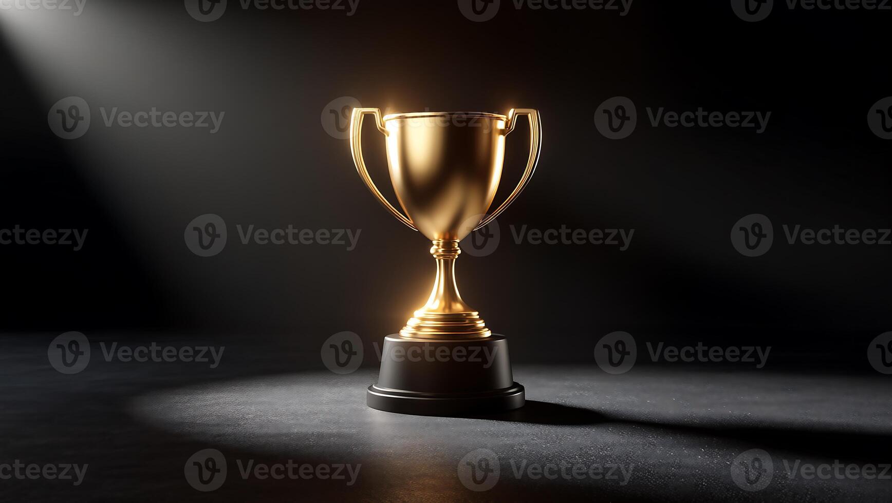 Golden trophy in spotlight, A meticulously captured golden trophy stands majestically, illuminated by a solitary spotlight against a somber photo