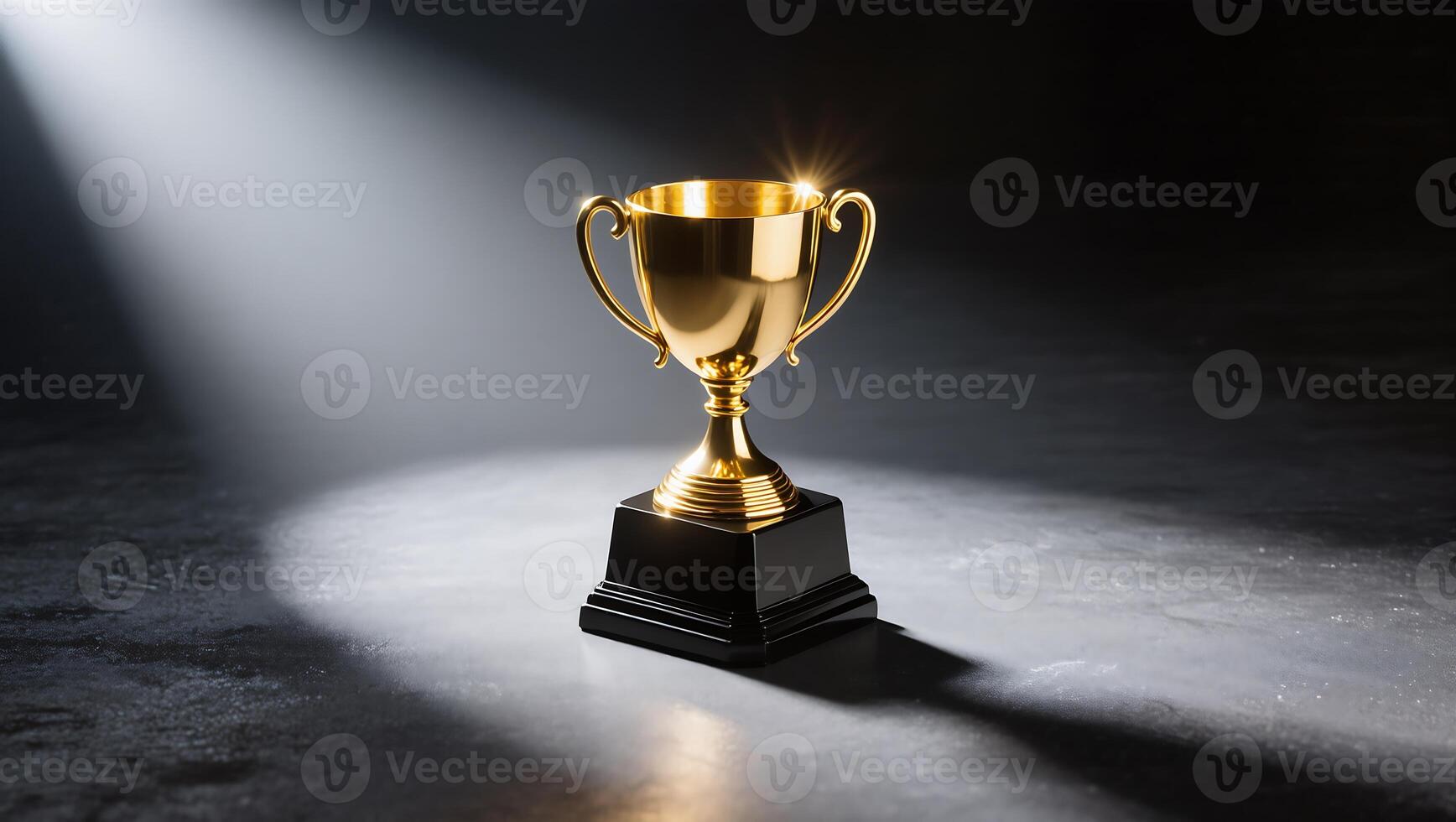 Golden trophy in spotlight, A meticulously captured golden trophy stands majestically, illuminated by a solitary spotlight against a somber, textured backdrop photo