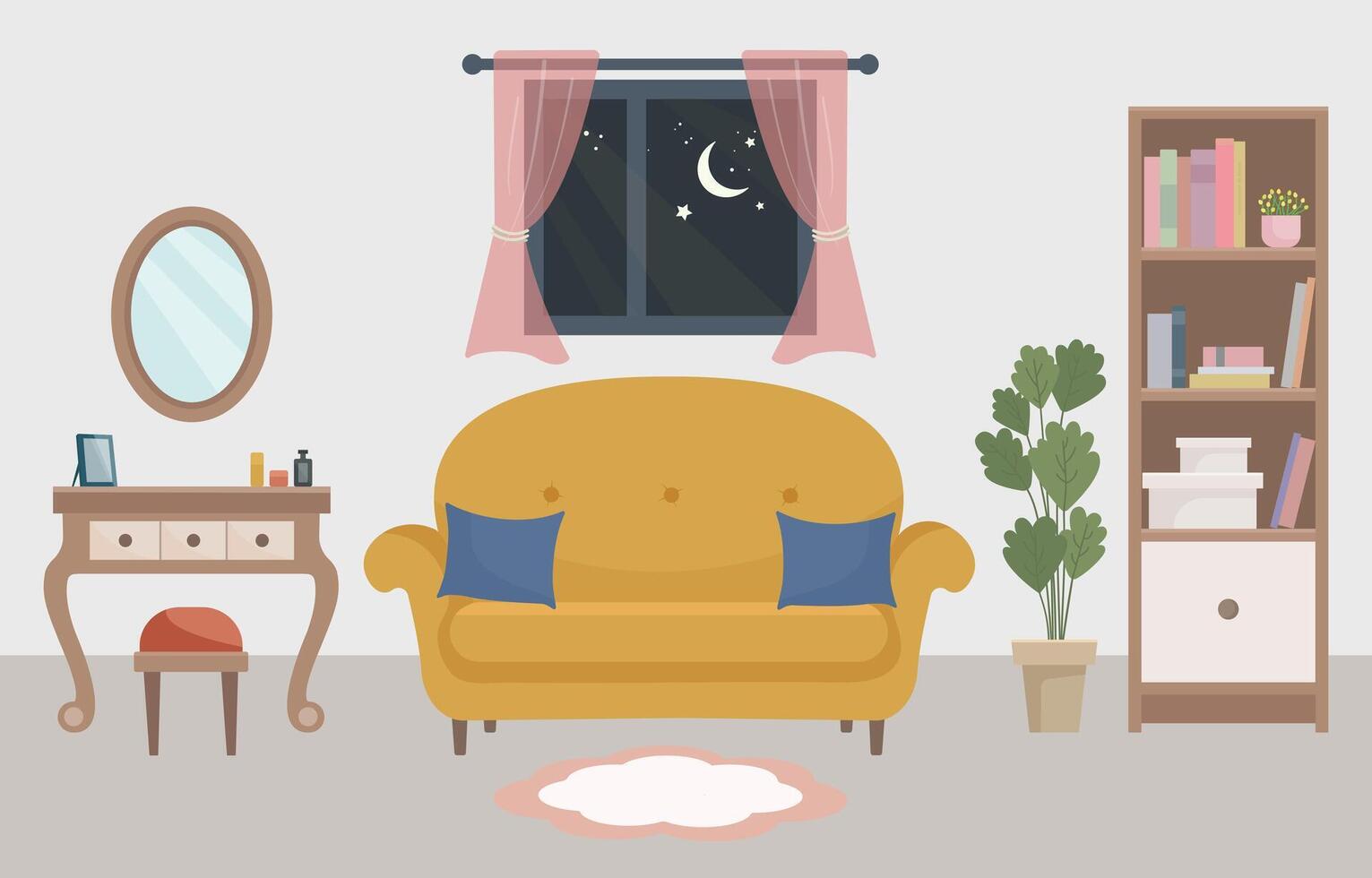 Cozy living room with mustard sofa, dressing table, bookshelf and green houseplant. Window shows a peaceful night landscape with moonlight. Ideal for home decor, evening mood scenes vector