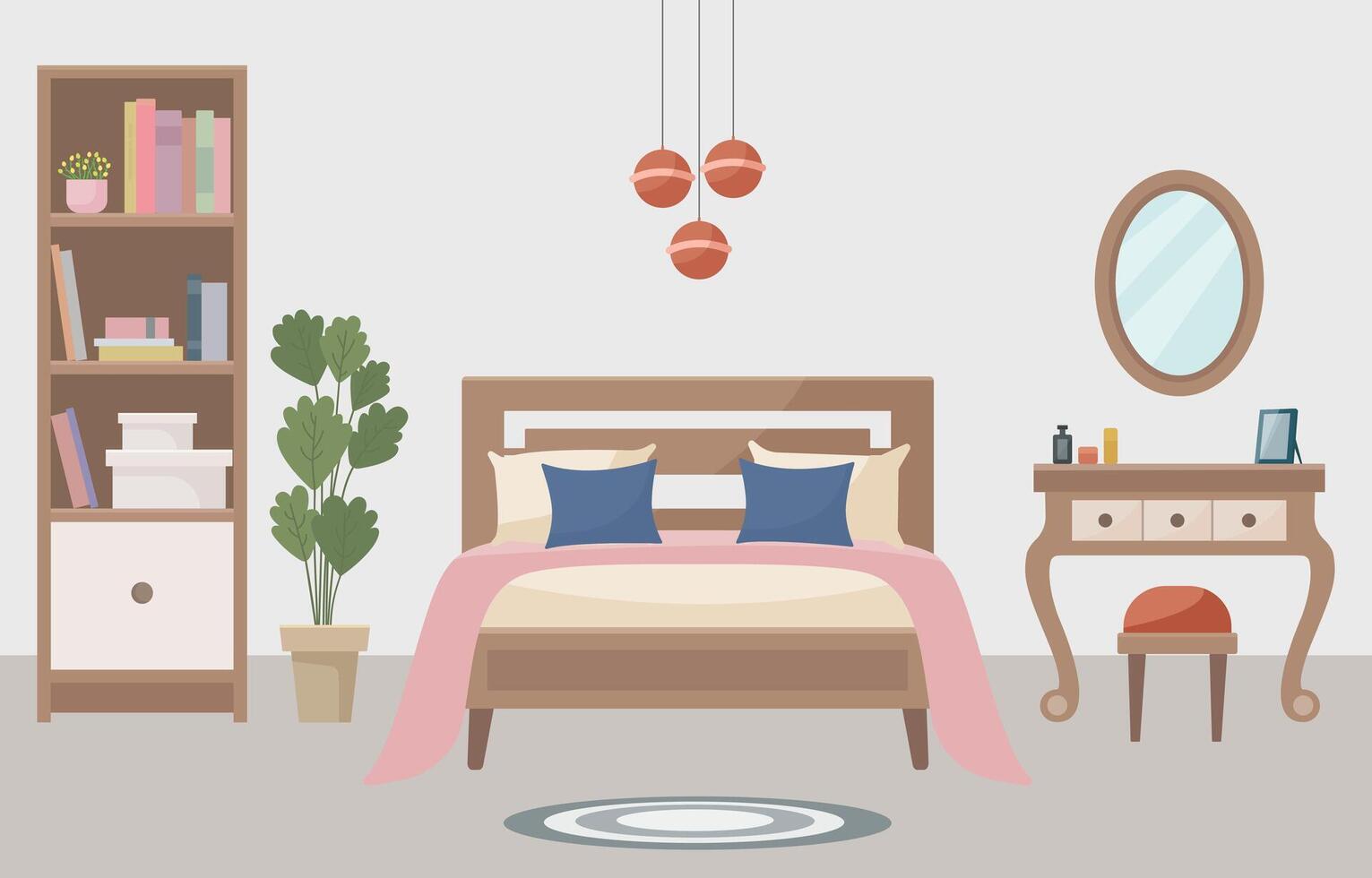 Warm and cozy bedroom with a comfortable bed, soft light lamp, dressing table, bookshelf and indoor plant. Interior concept. Ideal for websites, social media posts, blogs. vector