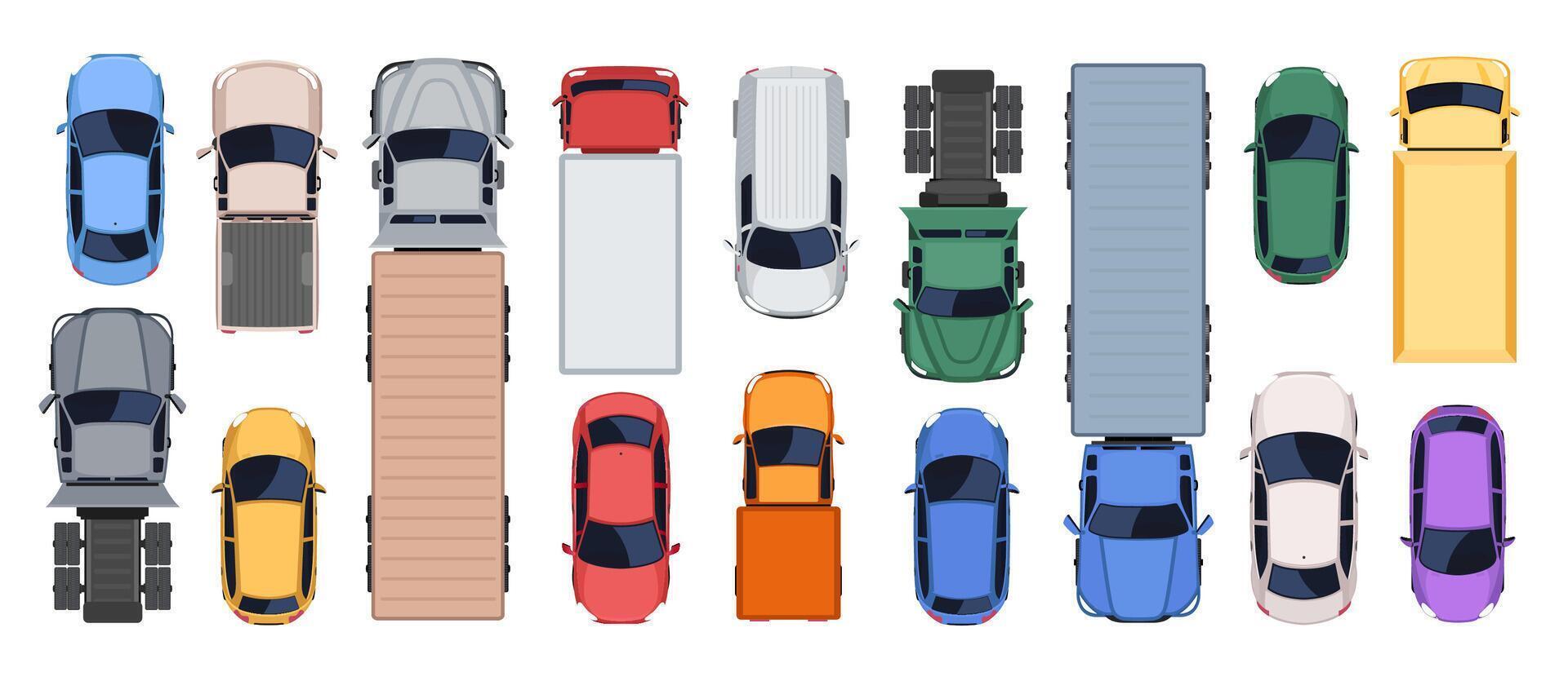 Top view of various cars and trucks vector