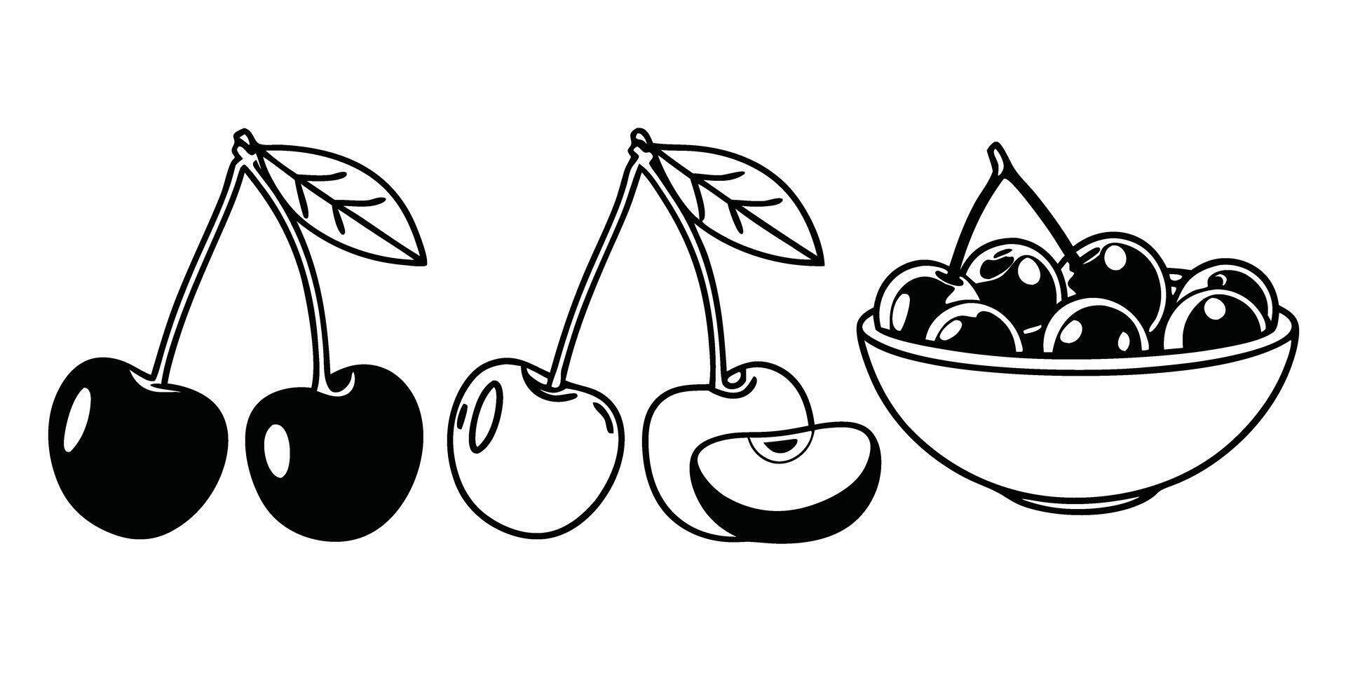 Black and White Cherry Illustration with Bowl of Cherries on Transparent Background simple black white vector