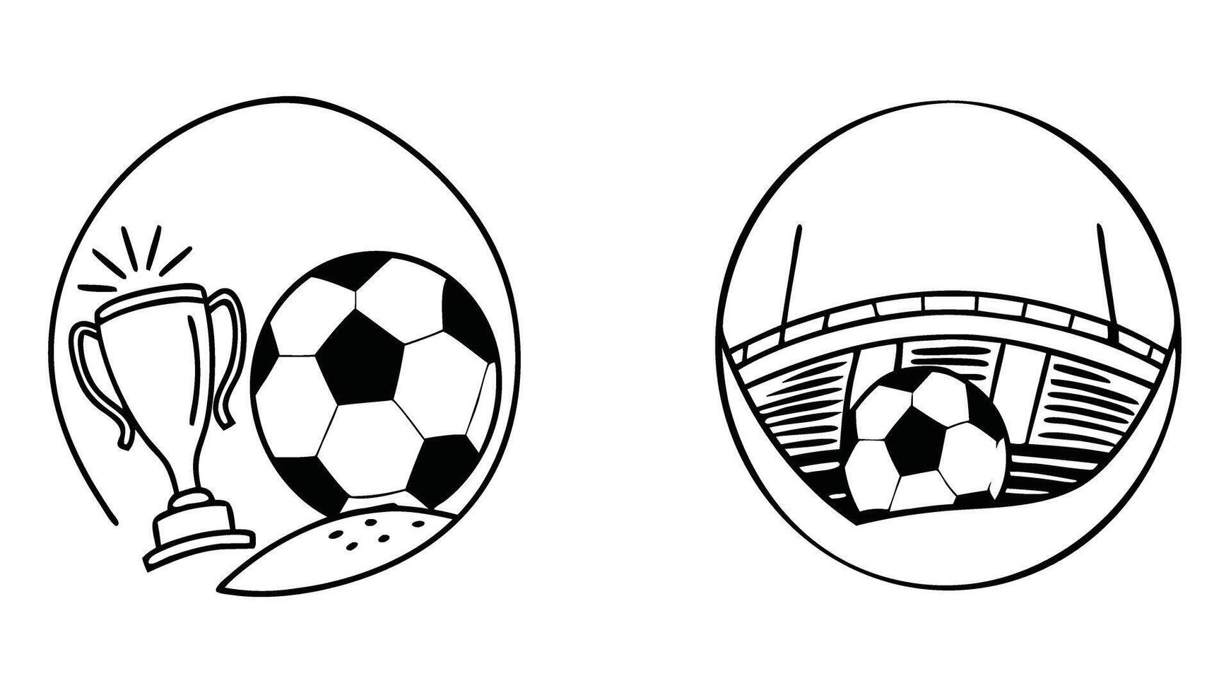Soccer Balls in Circular Frames Black and White Line Art on Transparent Background Two soccer vector