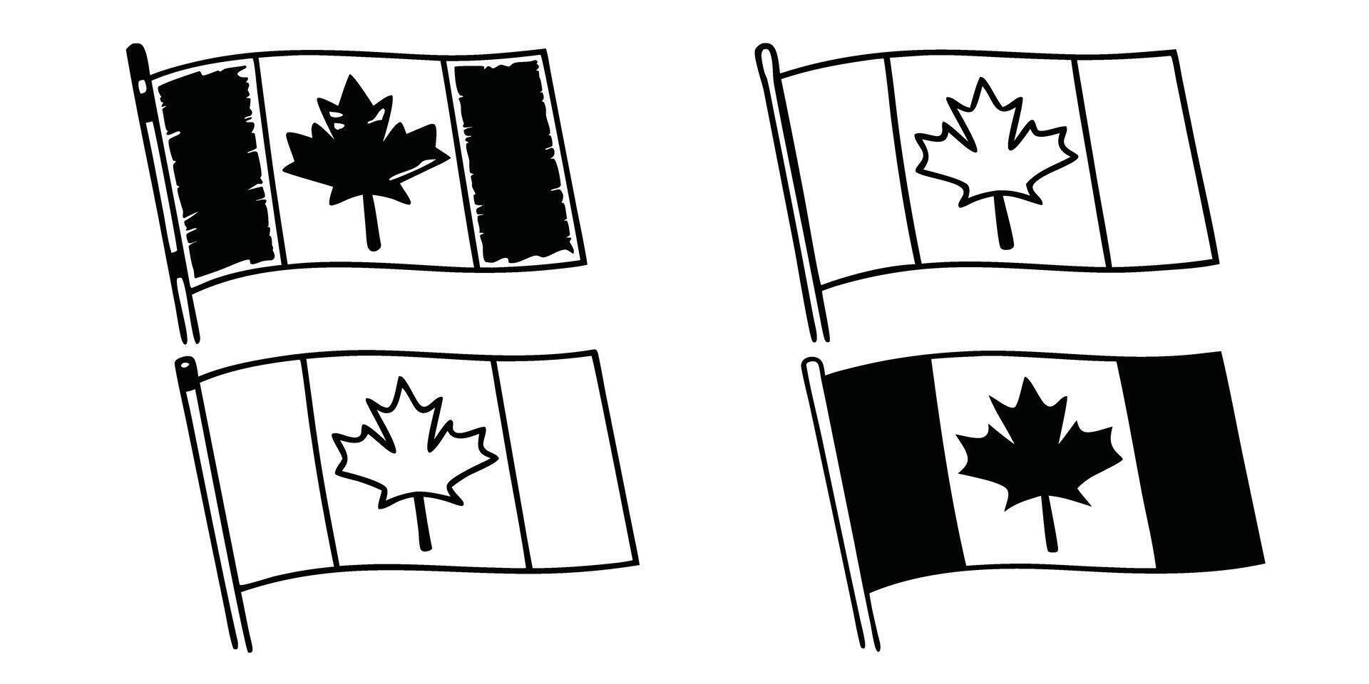 Four Hand Drawn Canadian Flags in Black and White on Transparent Background This image features vector