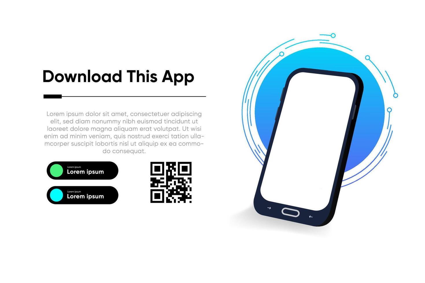 Isometric illustration of a smartphone with a blank screen and a QR code, perfect for app promotion and digital marketing materials. vector