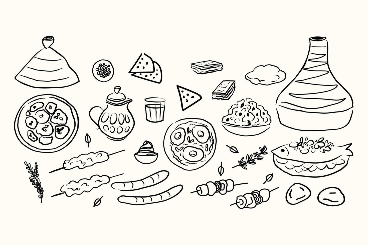 Moroccan cuisine doodle on isolated background. Banner with Arabic Food with tagine, stew, flatbread, chickpeas, fish, tea, nut, meat. Hand drawn illustration. Design for menu, card, print vector