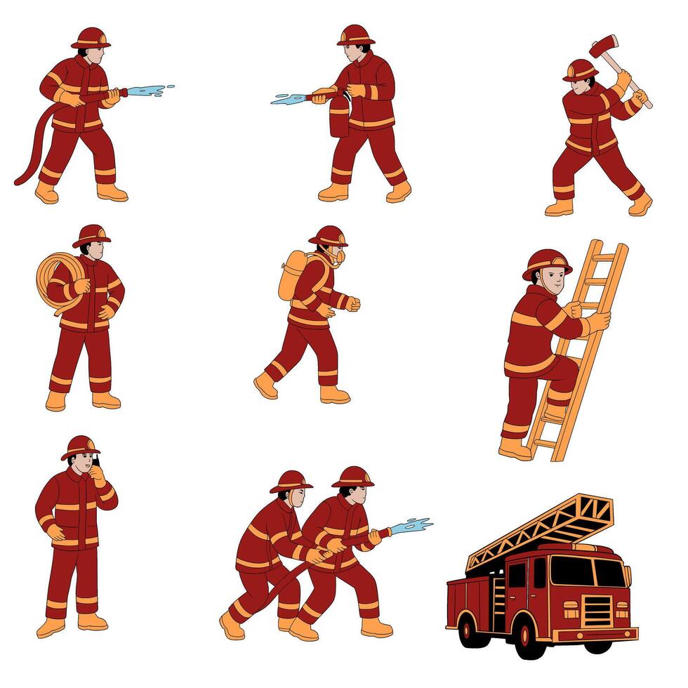 Firefighters in various action poses vector