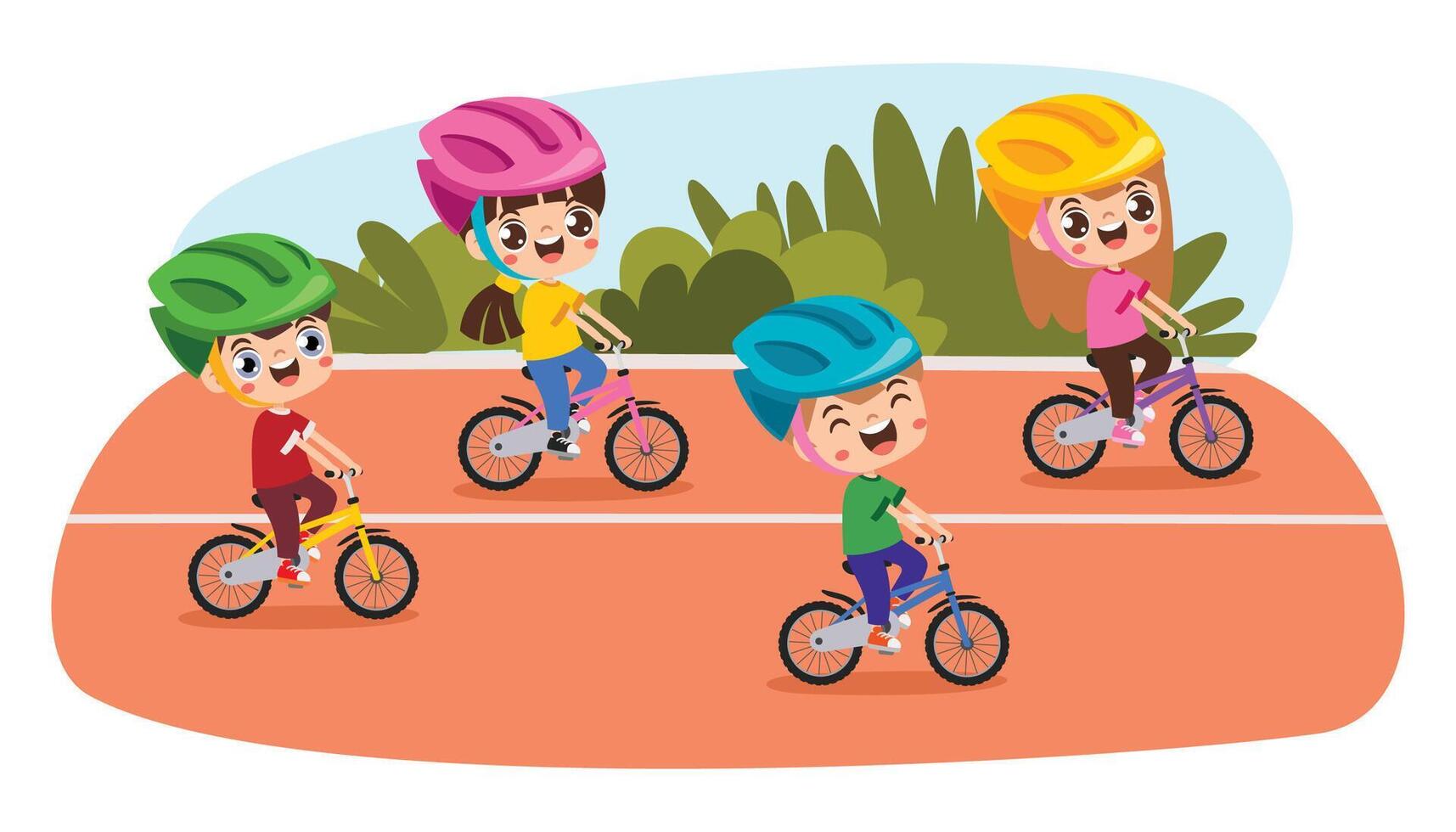 Kids biking with helmets outdoors vector