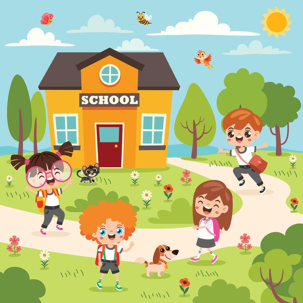 Children outside school enjoying a sunny day vector